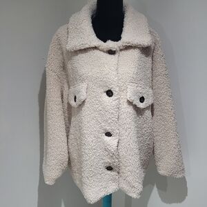 Black Tape_ Women's Button Down Teddy Jacket Size 2X Ivory Cozy Sherpa Layering